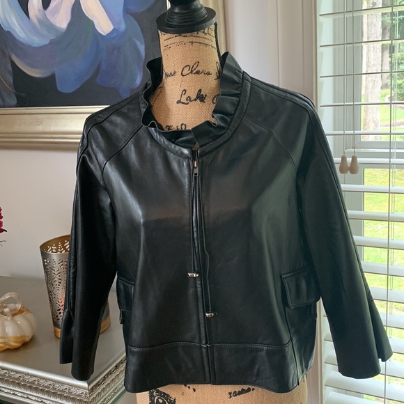 MADISON MARCUS Designer Genuine leather black ruffle pleated jacket M Nordstrom - Picture 11 of 11